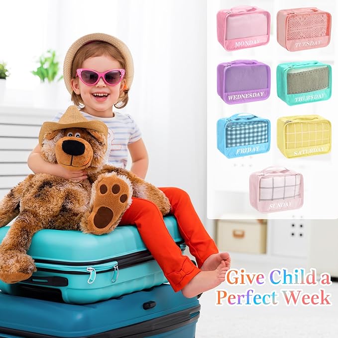 Days of Week Packing Cubes Weekly Organizer Travel Storage Bag School Clothes for Kids Summer Camp Family(9x7x3inch,Macaron,1