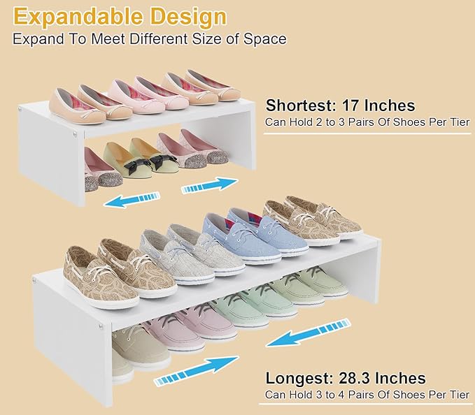 Cidaziya 2 Pack Expandable 1 Tier Shoe Rack for Shoe Cabinet, 1 Tier Stackable White Shoe Shelf Organizer for Closet, Sturdy 