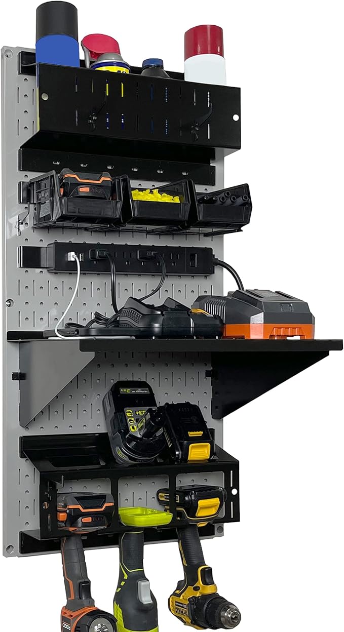 Wall Control Power Tool Storage Organizer Kit Cordless Drill Holder Charging Station Rack 16” x 32” Metal Pegboard Organizati