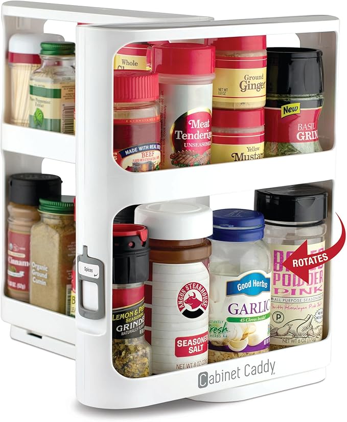 Cabinet Caddy Spice Rack Organizer for Cabinet - Slide & Rotate Kitchen Organizers and Storage - 2 Double-Decker Shelves - No