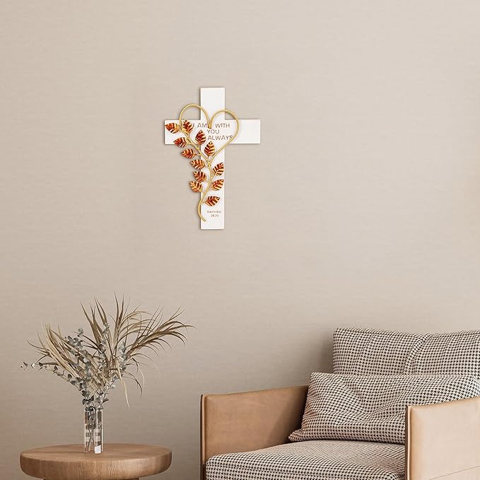 Wooden Wall Cross with Iron Heart Leaf Decorated with Hook and Base Hanging Wall Or Table Cross with Matthew 28:20 For Church