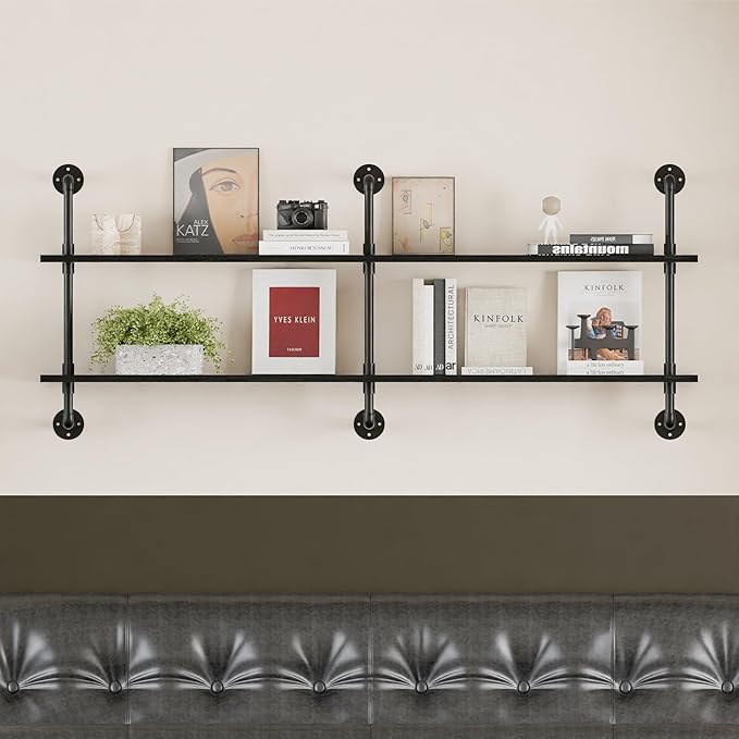 Industrial Pipe Shelf Shelving Bookcase, Wall Mounted Rustic Bookshelf, Floating Bookshelves for Wall,Retro Wood Metal Pipe I