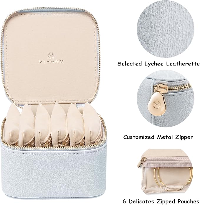 VLANDO Travel Jewelry Box Organizer – Portable PU Leather Jewelry Case with 6/8/12 Zippered Pouches, Compact Storage for Earr