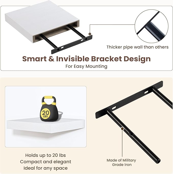 Fun Memories Floating Shelves for Wall - 7.5 Inch Square Shelves with Invisible Brackets, Small Wall Shelf for Living Room, B