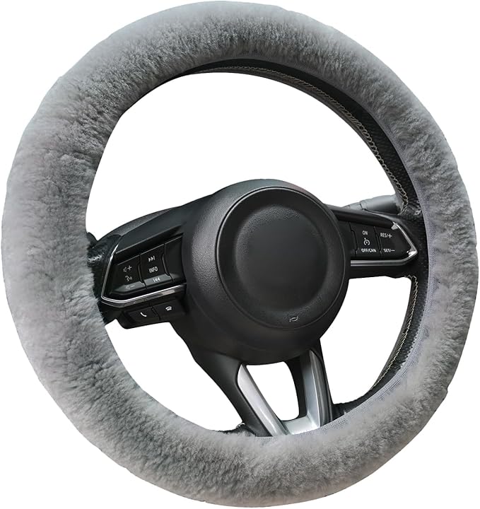 AEGIS Cover Sheepskin Steering Wheel Cover Premium Luxury AUS Genuine Merino Wool All-Season Non-Slip for Cars Fits 14.5-15.5" Wheels (Steel Grey)