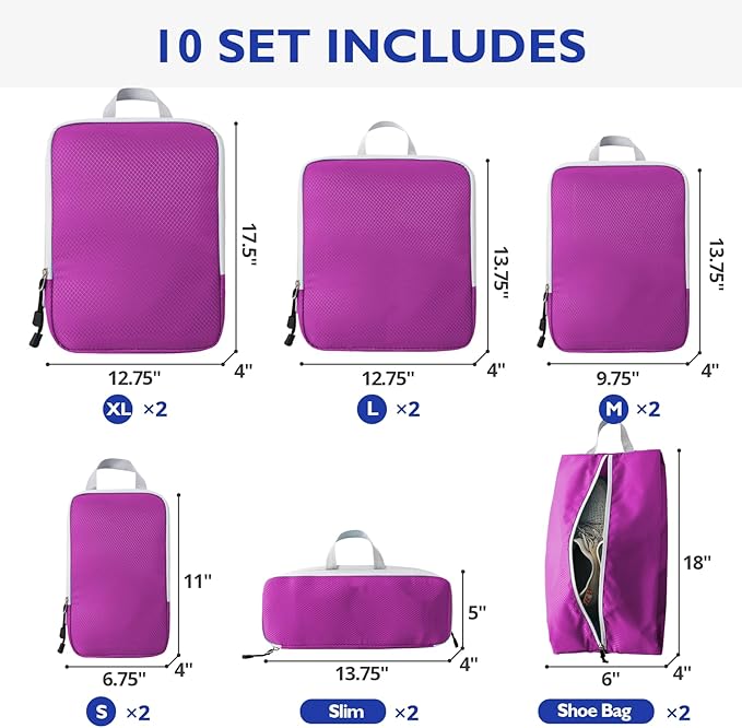 Compression Packing Cubes, 10 Set Packing Cubes for Travel Compression, Lightweight Compressible Package Organizer for Carry 