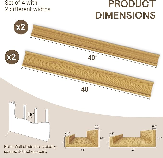 Fun Memories 40 Inch Floating Shelves for Wall - Wall Shelves with Lip Set of 4 - Nursery Bookshelf for Storage - Picture Led