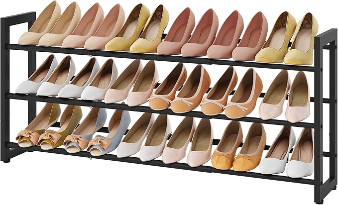 FAVOOSTY 3-Tier Expandable Shoe Rack, Adjustable Shoe Shelf Storage Organizer Space Saving Metal Free Standing Shoe Rack for 
