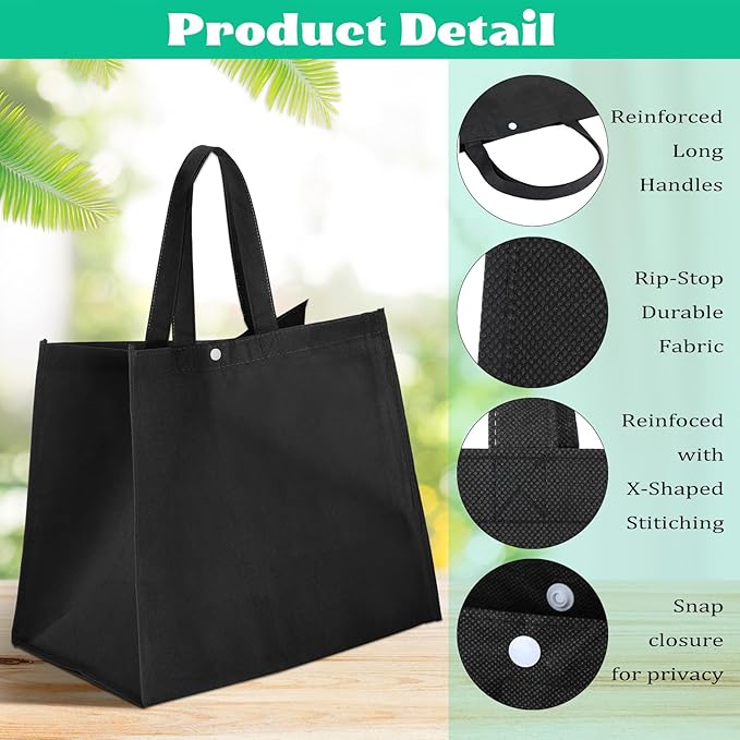 Boao 48 Pack Reusable Grocery Bags 13''L x 9.4''W x 15''H Large Foldable Shopping Tote Bag Non Woven with Handle and Button