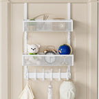 Over The Door Hooks Organizer, Over Door Storage with 12 Coat Hooks and 2 Mesh Basket, Bathroom Door Organizer Towel Rack Bac