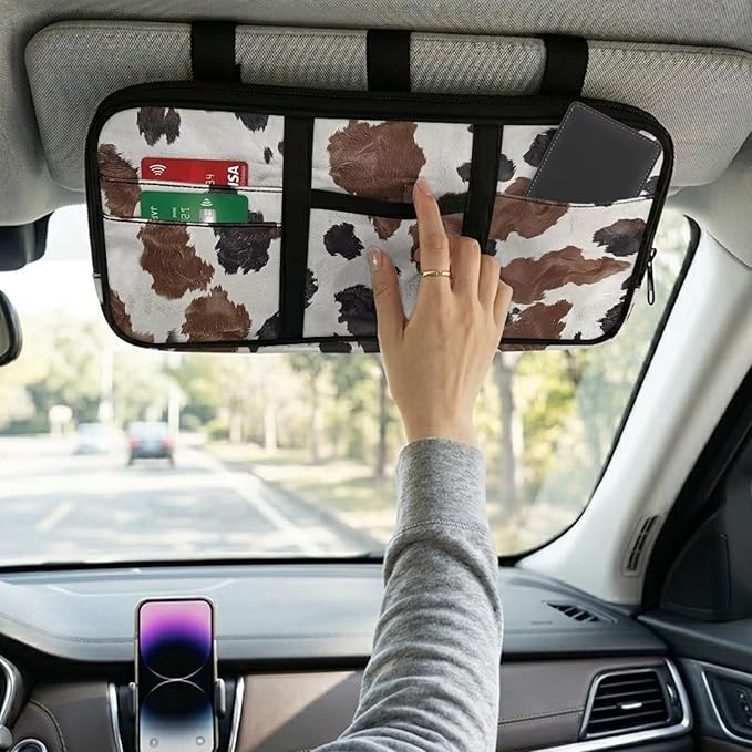 Cow Car Visor Organizer Scratch-Resistant Sunvisor Organizers Auto Interior Car Accessories with Zipper Visor Storage Pouch Fits Most Vehicles, SUVs, Trucks Keep Tidy