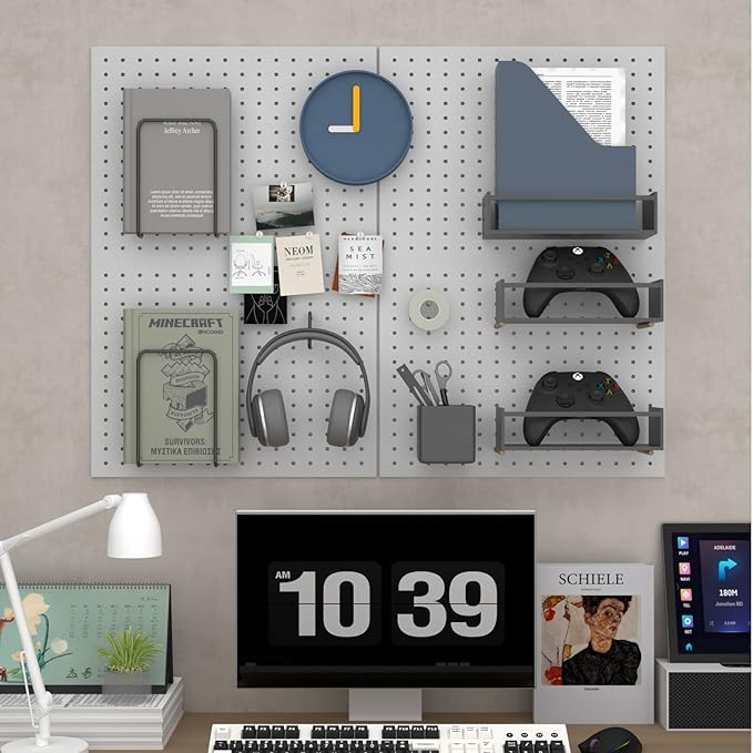 Peg Board,4 Pack Metal Pegboard Panels with 8 hooks,PegBoard Wall Organizer,16"x12" Steel PegBoard for Walls,Tools,Garage,Off