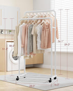 Sakugi Clothes Rack - Clothing Rack with Storage Mesh Shelf & Casters, Heavy-Duty Metal Clothing Rack for Hanging Clothes, Dr