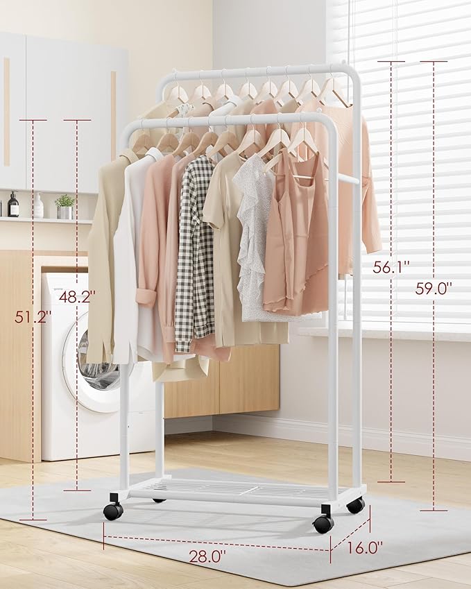 Sakugi Clothes Rack - Clothing Rack with Storage Mesh Shelf & Casters, Heavy-Duty Metal Clothing Rack for Hanging Clothes, Dr