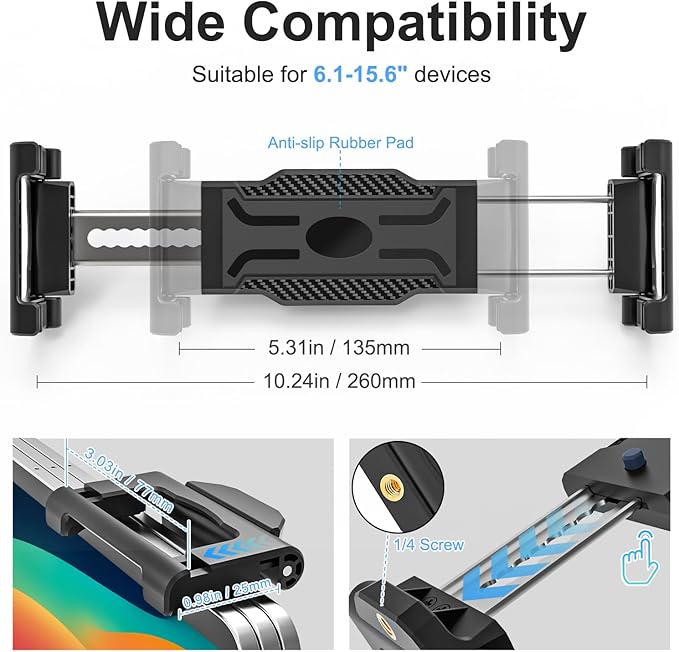 Car Tablet Holder for Cup Holder, Metal Long Arm 360° Rotation Tablet Mount for Truck Golf Treadmill, Fit Thickness Case (Deep Max 1.18'') for iPad Pro/Air/Mini, Galaxy Tab & 6.1-15.6" Devices
