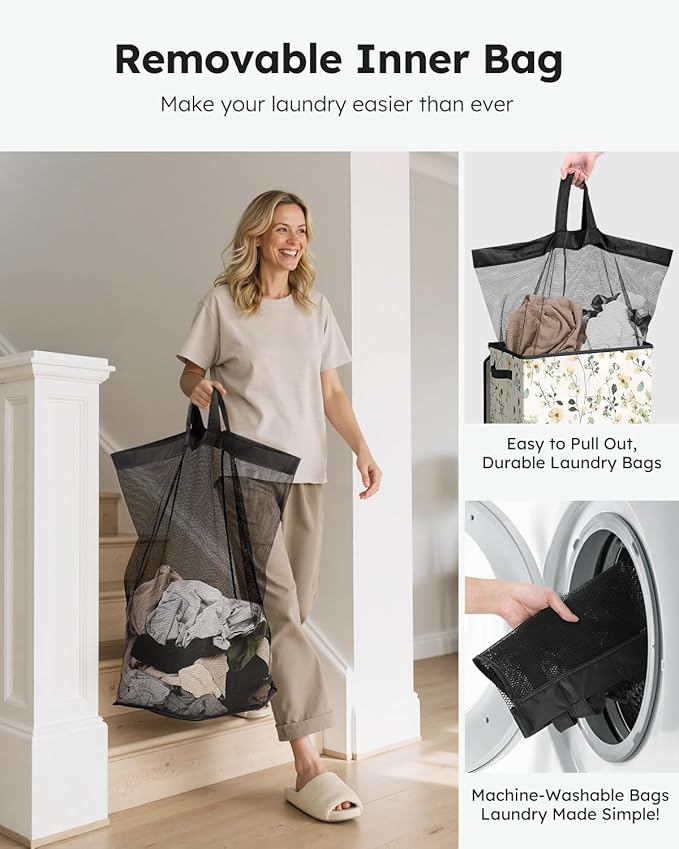 SOLEDI Laundry Hamper with Lid, 90L Tall & Large Floral Laundry Basket, Collapsible Clothes Hamper with Removable Bag, Dirty 