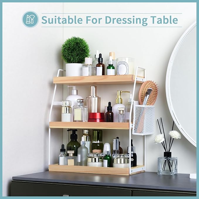 Uneviesyka Bathroom Counter Organizer, 3-Tier Standing Storage Shelf with Basket, Wood Tray for Skincare Vanity Organizer(Whi