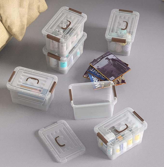 WYT 6-Pack Clear 7 Quart Storage Latch Box/Bins, Plastic Stackable Latching Box with Brown Handle and Lid, Multi-Purpose, 7 L