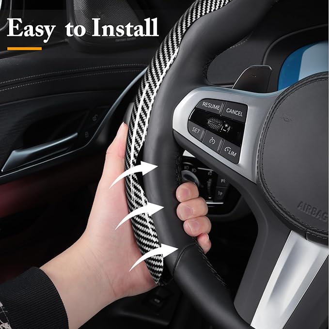 Carbon Fiber Steering Wheel Cover, Snap on Car Steering Wheel Cover Set Accessories 3pcs Wrap Grip Non Slip Protector Universal Glossy Silver