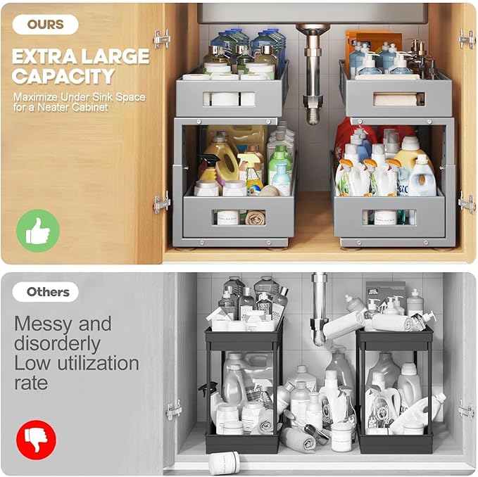 2 Packs 21IN Depth Under Sink Organizer, 2-Tier Pull Out Cabinet Organizer With Smooth Circular Rail, Large Capacity Metal Me