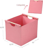 HOONEX Large Foldable Storage Bins, Linen Fabric, Pack of 2, Storage Baskets with Wooden Carry Handles and Sturdy Heavy Cardb