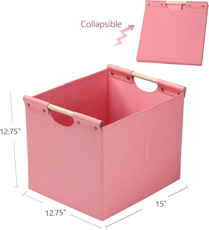 HOONEX Large Foldable Storage Bins, Linen Fabric, Pack of 2, Storage Baskets with Wooden Carry Handles and Sturdy Heavy Cardb