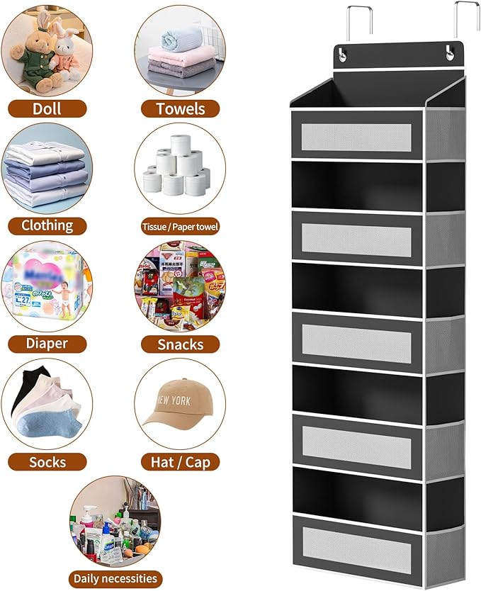 Over The Door Organizer with 5 Large Pockets, Over the Door Storage 10 Side Pockets 44 lb Load Behind Door Storage, Door Orga