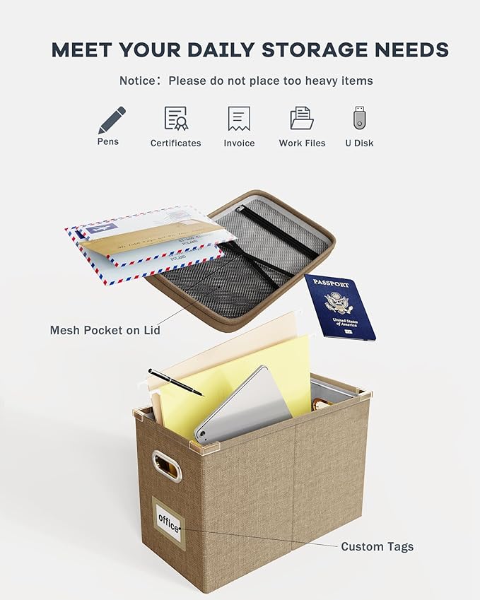 Oterri File Organizer Box with Lid, Hanging Filing File Box with Mesh Pocket, Document Organizer Box for Letter Files, Portab