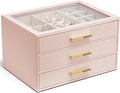 VLANDO Jewelry Box for Women, Glass Lid Jewelry Organizer with 3 Drawers for Necklaces Rings Earrings Bracelets Mother Day Gi