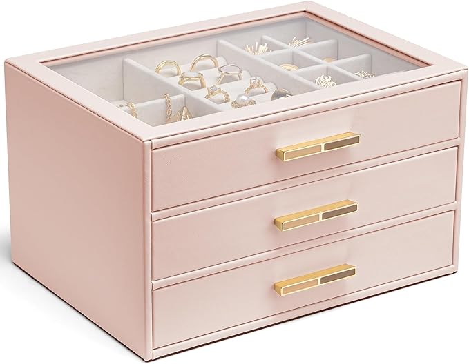 VLANDO Jewelry Box for Women, Glass Lid Jewelry Organizer with 3 Drawers for Necklaces Rings Earrings Bracelets Mother Day Gi