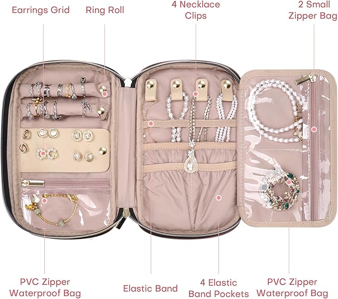 Jewelry Travel Case Organizer for Necklaces, Earrings, Rings, Bracelet, Watch, Soft Sided, Red Sandalwood