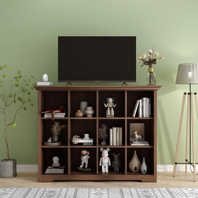 OSCHF Cube Shelf Bookcase with Base - Wooden 3 Tiers Floor Standing Low Storage Cabinet for Home and Office, 12-Cube Lattice 