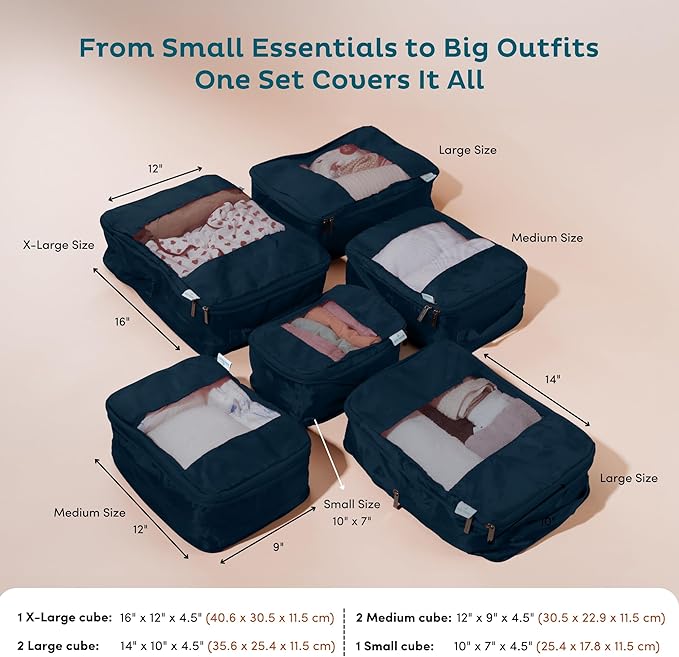 6-Pack Large Compression Packing Cubes for Travel - Lightweight Compression Packing Cube Set, Water-Resistant Luggage Organiz
