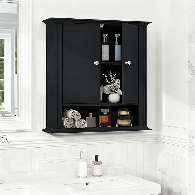 Bathroom Cabinet Wall Mounted| Over the Toilet Storage Cabinet with 2 Doors & Adjustable Shelf, Hanging Wall Cabinet, Upper C