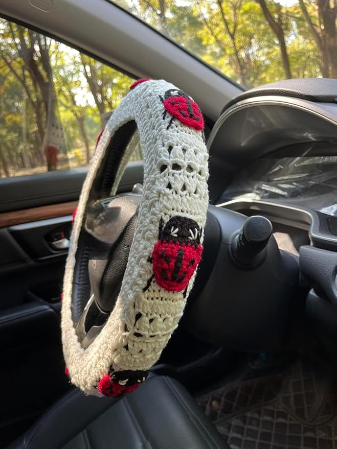 Crochet Ladybug Steering Wheel Cover Universal 14-15 inch (A,Steering Wheel Cover)