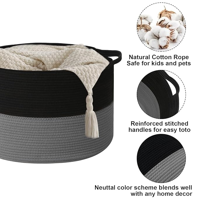 90L Large Blanket Basket, 21.7"x 21.7"x 13.8" Rope Woven Storage Basket with Handles, Laundry Hamper for Toys,Clothes,Pillows