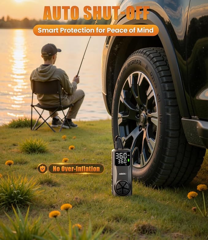 Auto shut-off feature of portable tire inflator automatically stopping at preset pressure for car tires
