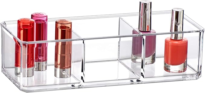 Amazing Abby - Glamour - Acrylic 3-Compartment Makeup Organizer, Transparent Plastic Lipstick Holder, Perfect Bathroom Vanity