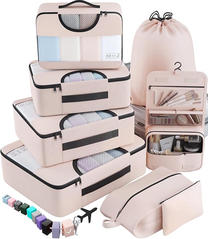8 Set Packing Cubes for Luggage,Suitcase Organizer in 4 Sizes with Hanging Toiletry Bag and Large Laundry Bag, Carry-On Lugga