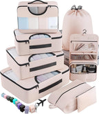8 Set Packing Cubes for Luggage,Suitcase Organizer in 4 Sizes with Hanging Toiletry Bag and Large Laundry Bag, Carry-On Lugga