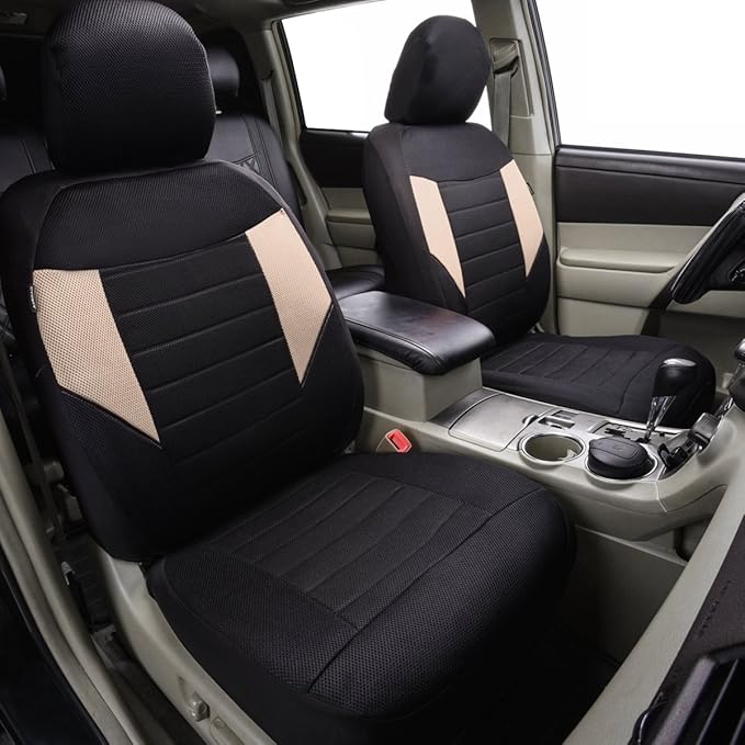 CAR PASS 6PCS Super Universal Fit Air Mesh Two Front Car Seat Covers Set Package-Fit for Vehicles,Suvs,Vans,Sedans,Airbag Compatiable (BLACK AND BEIGE)