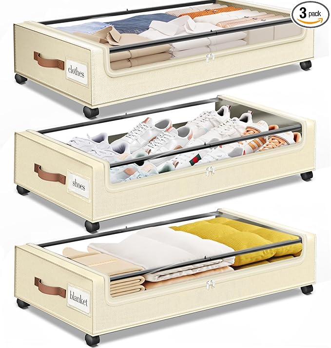 Under Bed Storage with Wheels 3Pack Underbed Storage with Clear Window&Label Under Bed Drawers Large Capacity Rolling Under B