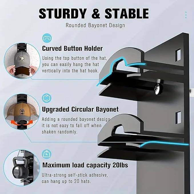 2-Pack Hat Organizer for Baseball Caps, 20-Cap Wall Mounted Hat Rack, No-Drill Adhesive or Screw-In Hat Hanger, Sturdy Vertic