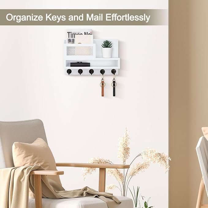 Key Holder for Wall, Mail Organizer Wall Mount with Storage Compartment and 5 key Hooks for Coat, Dog Leash, Stylish Mesh Mai