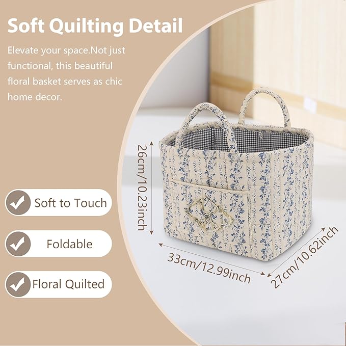 Storage Basket Boho Fabric Large Collapsible Floral Laundry Nursery Hamper Portable Folding Storage for Clothes Toys (Vine-Bl