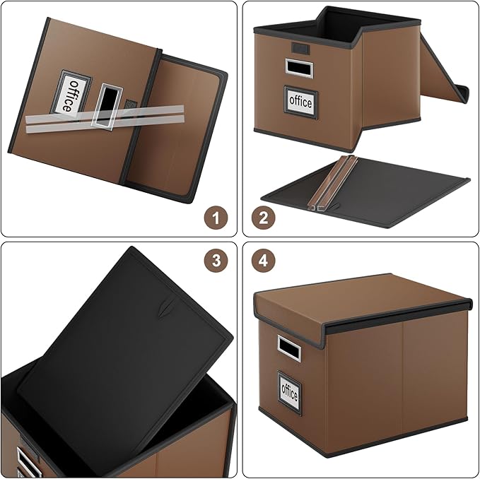 Huolewa File Organizer Boxes with Lids, Collapsible Faux Leather Hanging File Folder Box Organizer with Plastic Slide, Decora