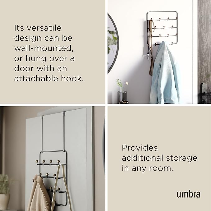 Umbra Estique Over The Door Coat Rack & Multi-Use Organizer, for Coats, Bags, Hats & More, Black/Walnut