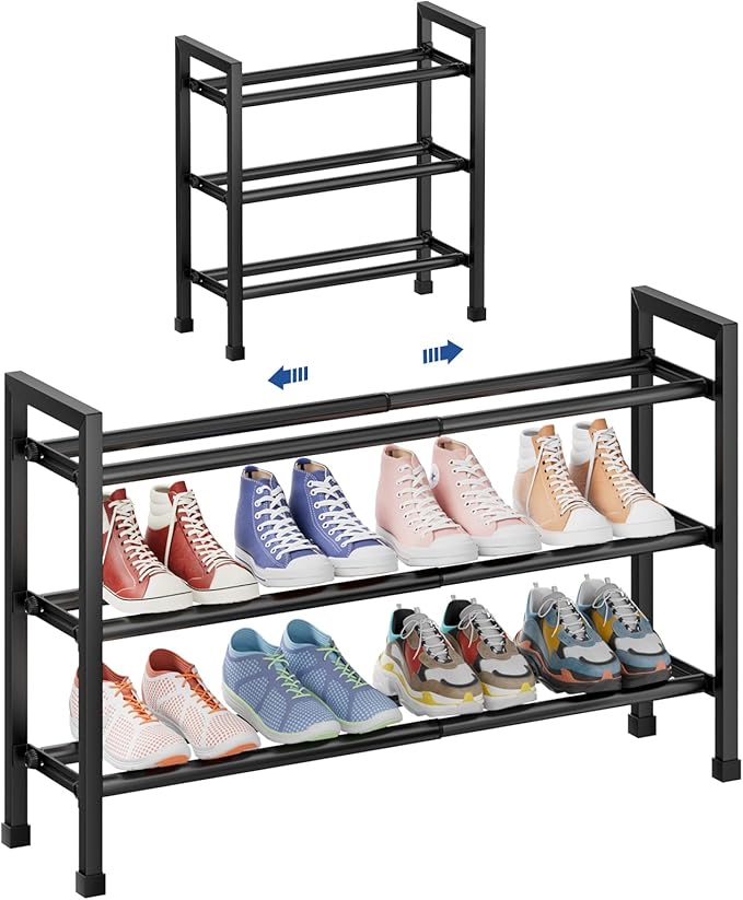 Abiglifty 3-Tier Expandable Shoe Rack,17"-33" Adjustable Shoe Rack for Closet,Metal Shoes Shelves for Front Door Entrance, Ga
