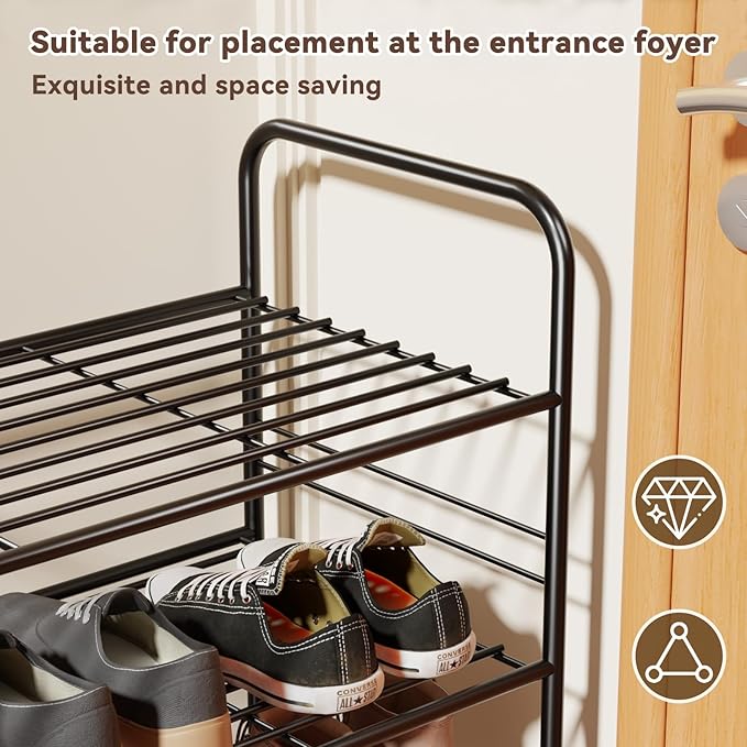 Shoe Rack, 3 Tier Metal Shoe Shelf Organizer for Entryway, Floor, Stackable & Height-Adjustable, Black