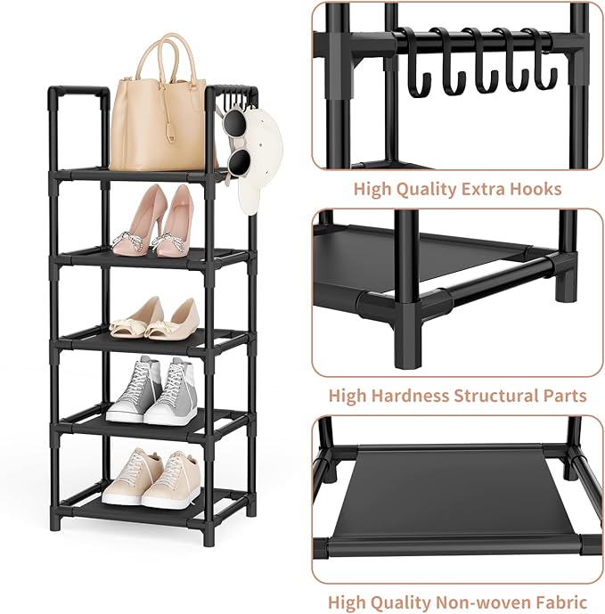 LANTEFUL Narrow Shoe Rack 5 Tier Shoe Shelf Storage for 5-10 Pairs Shoe and Boot, Sturdy Shoe Storage Space Saving Corner Sho